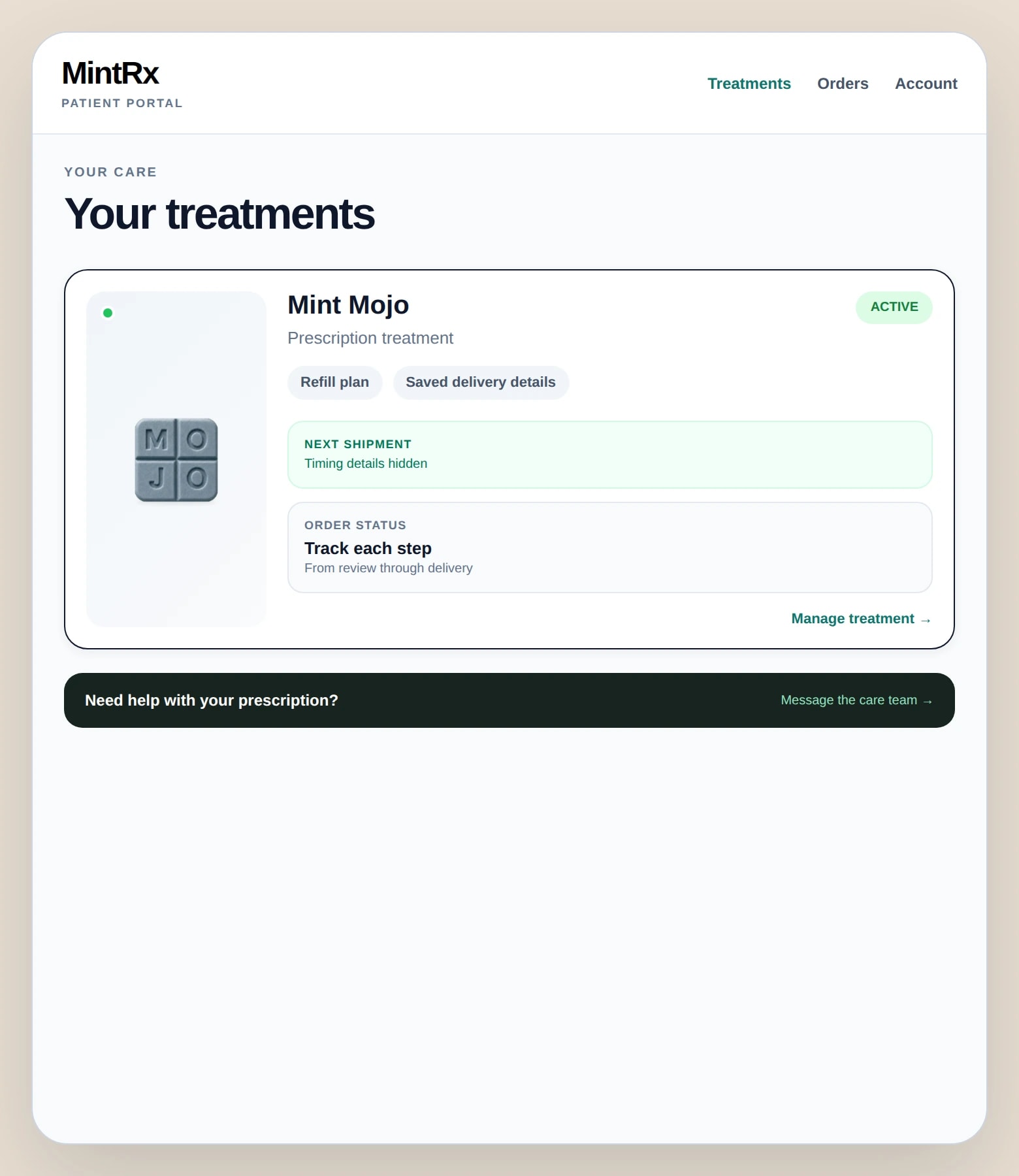 MintRx patient portal showing an active treatment and order status