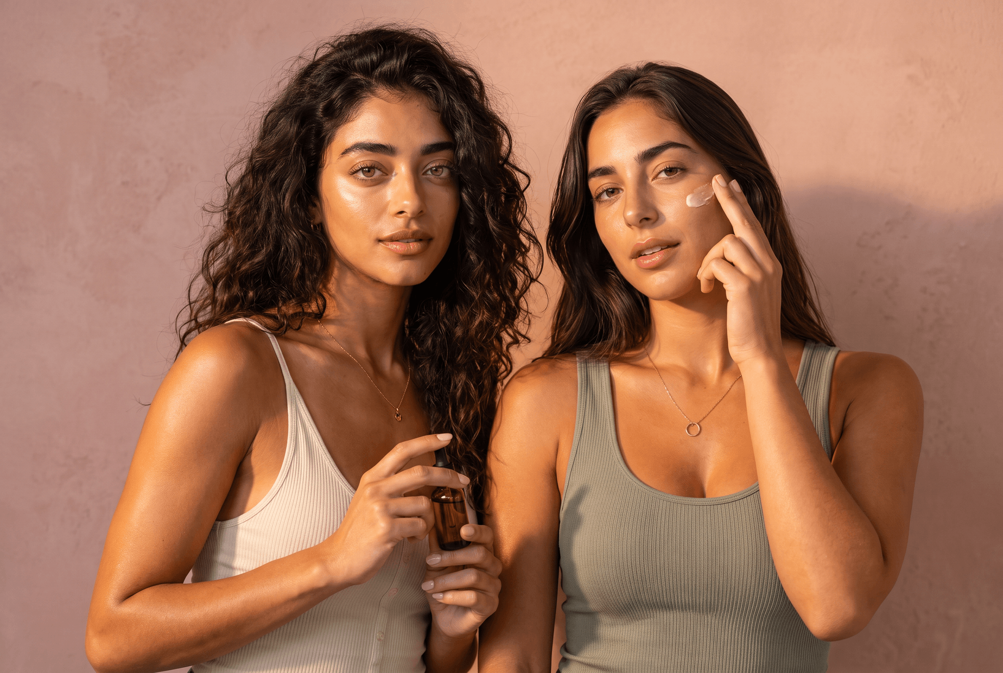 Two women applying skin care against a pink wall